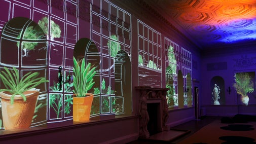 Rapturous Delight projections of plant pots in the Long Gallery at Croome